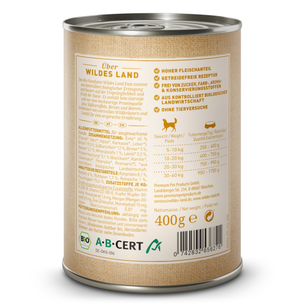 Pâtée BIO 400g canard Wildes Land