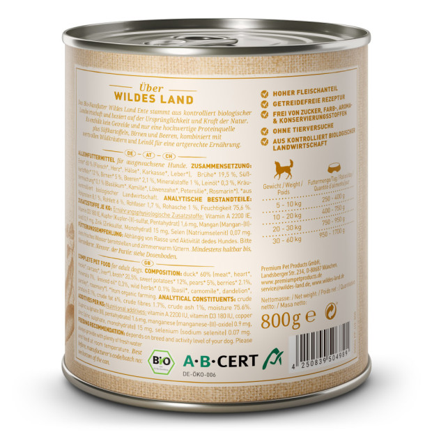 Pâtée 800g Bio Canard Wildes Land